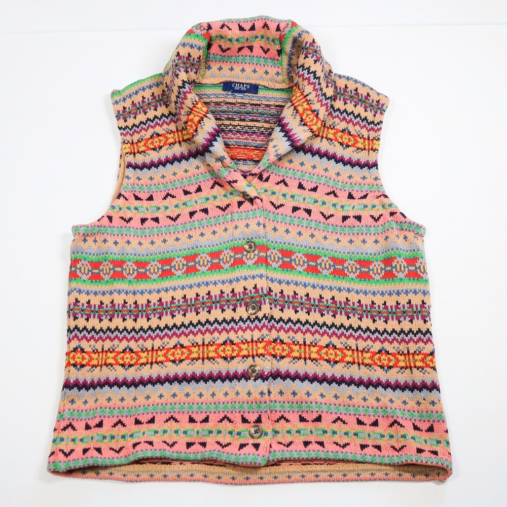 Chaps Sweater Vest Womens Medium Multicolor Fair Isle Shawl Collar Button Front